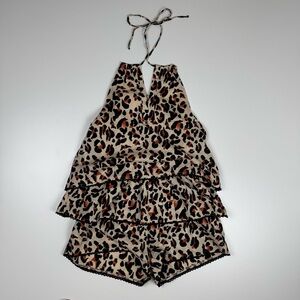Urban Outfitters Halter Keyhole Leopard Ruffle Layers Lace Trim Romper Small NWT